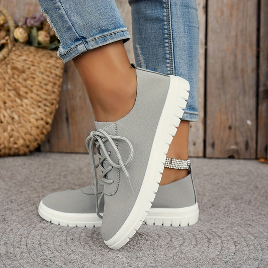 Women'S Casual Lace-Up Flats - Breathable Lightweight Comfort Slip-Resistant Low-Top Sneakers for Sports and Daily Wear - Solid Color, All-Season Footwear with Plain Toe, Polyurethane Upper, Fabric Inner, PVC Sole, Fabric Ins