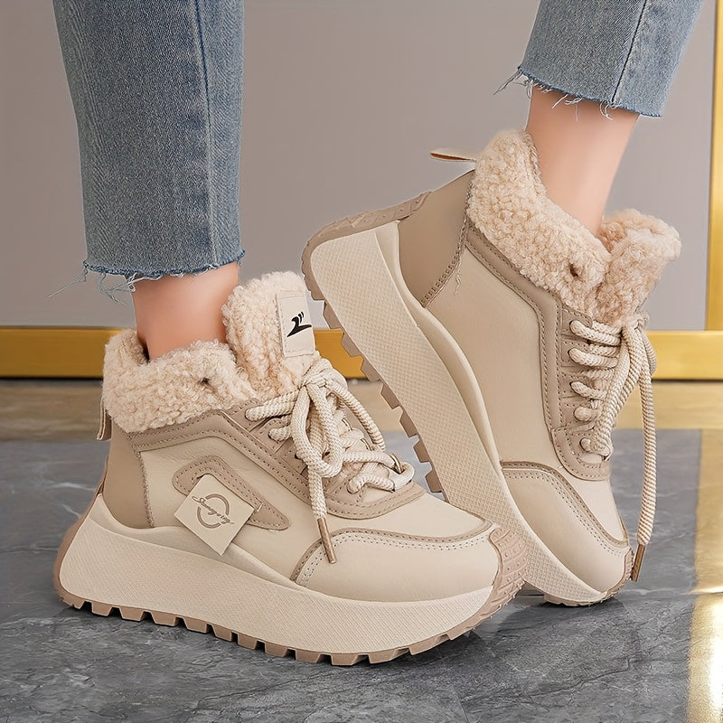 Կանացի ձմեռային ձնագնացքներ հաստ, փափուկ PVC ներբանով՝ բարձրացնող էֆեկտով - սահքից պաշտպանող, արհեստական կաշվե վերնամասով և փափուկ ծածկույթով, բեժ/սև գույն - ամենագնացքային ճկունություն սառույցի, ձյան և ամենօրյա կրման համար -