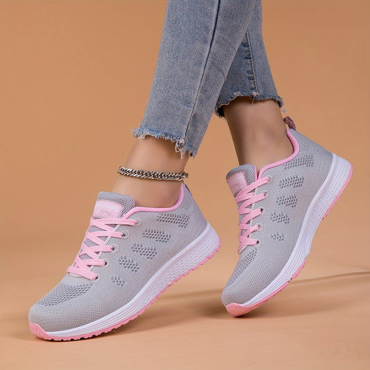 Women's Lightweight Breathable Mesh Running Shoes - Comfortable Low-Top Sneakers with Non-Slip MD Sole, Lace-Up Closure, and Stylish Pink Accents for All Seasons