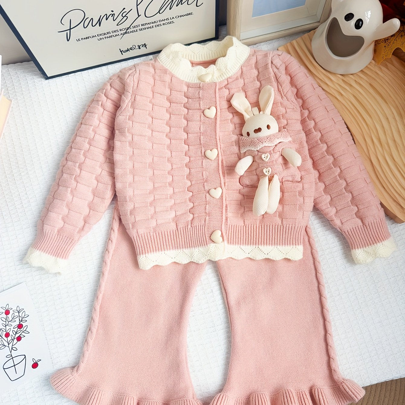 Girls' Fashion Casual Blend Knitted Set for Girls 3, Round Neck, Long Sleeves, Button Closure, Bunny Embellished Pink Sweater Pants Two-Piece Set, Elegant And Sweet, Suitable for Outdoor Activities, As a Gift for Kids