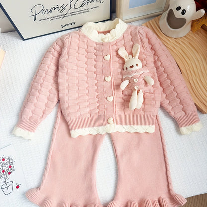 Girls' Fashion Casual Blend Knitted Set for Girls 3, Round Neck, Long Sleeves, Button Closure, Bunny Embellished Pink Sweater Pants Two-Piece Set, Elegant And Sweet, Suitable for Outdoor Activities, As a Gift for Kids