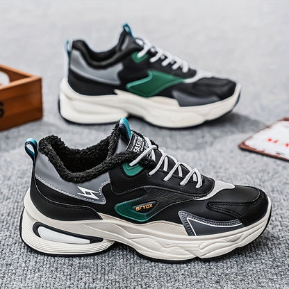 Men's Winter Sneakers with Plush Collar - Beige/Grey/Green PU Upper, Thick Rubber Sole & Traction Tread - Low-Top Lace-Up Warm Shoes for Cold Weather, Casual & Sports (White Accent)