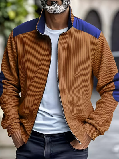 Men'S Long Sleeve Patchwork Fashion Warm Jacket, Corduroy Long Sleeve Warm Coat with Zipper Stand Collar Long Sleeve Casual Comfortable Autumn and Winter Style