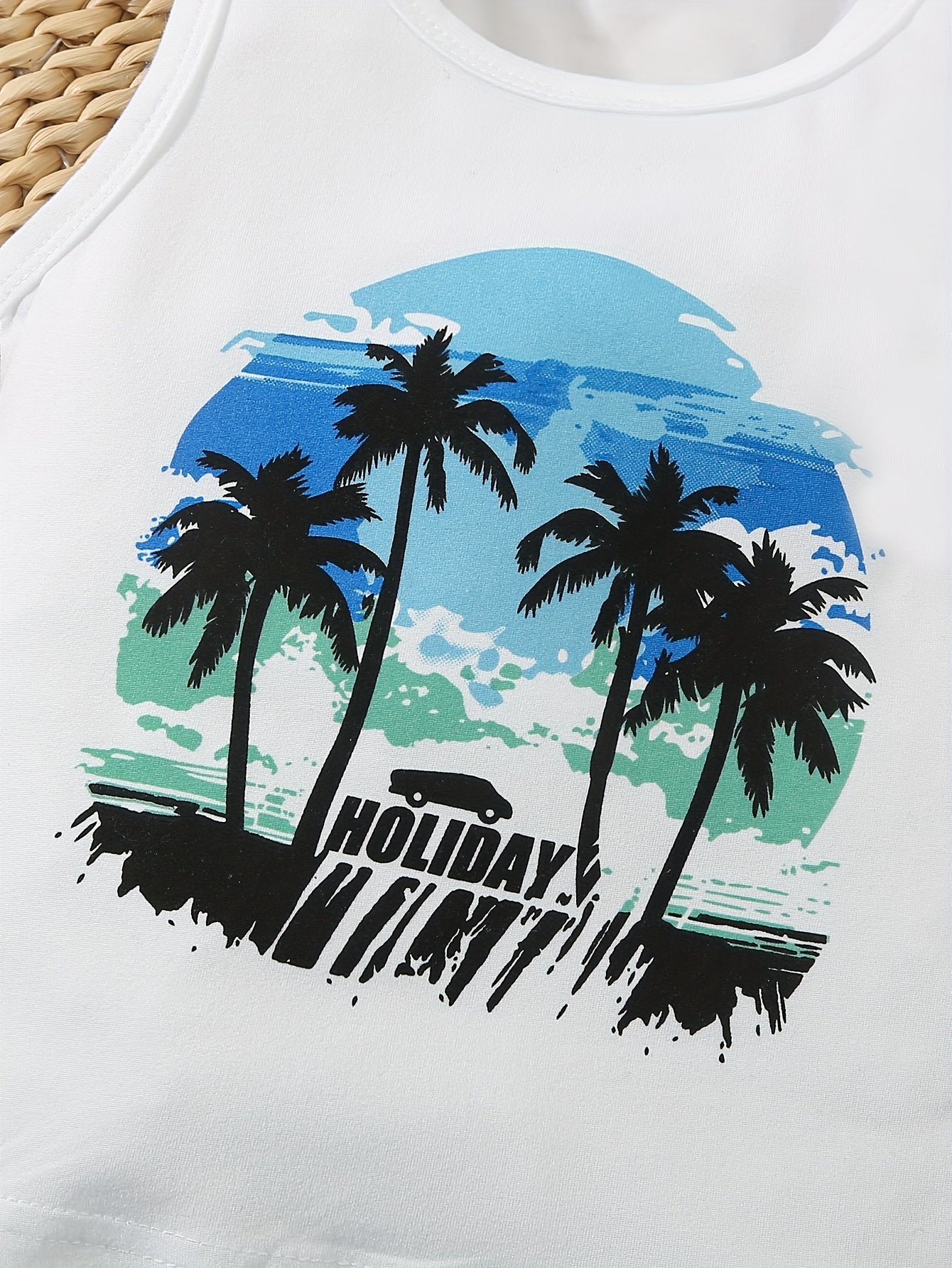 Boys' Summer Vacation Vest, Shorts & Hat Set with Coconut Tree Print