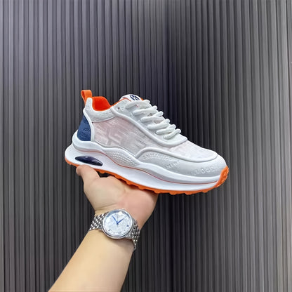 Men's Lightweight Breathable Low-Top Sneakers - PU Upper  PVC Sole, White/Navy/Red Accents, Lace-Up Round Toe for Casual, Outdoor, Running  Gym - All-Season Comfort Shoes, Casual Footwear, Geometric Pattern, Comfortable Fit