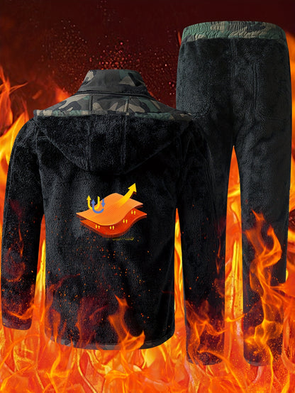 Men's Warm Autumn Winter Plush Coat and Pants Set with Detachable Hood