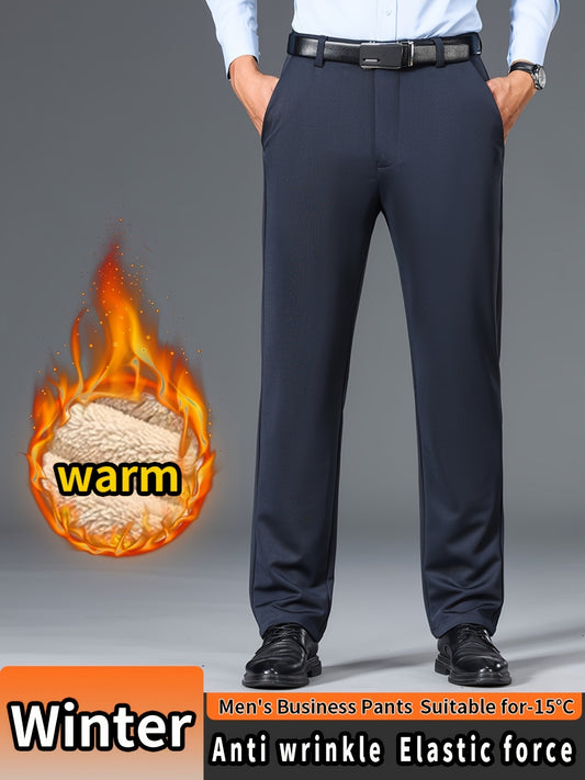 Men'S High Waist Solid Color Straight Leg Business Pants with Pocket Details, Polyester and Elastane Blend with Viscose Lining, Elastic Stretch, Zipper Fly Closure, Suitable for Fall/Winter Workwear