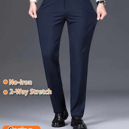 Men's Solid Color Dress Pants, Classic Design Slightly Stretch Formal Dress Pants For Business Occasions, Spring And Fall