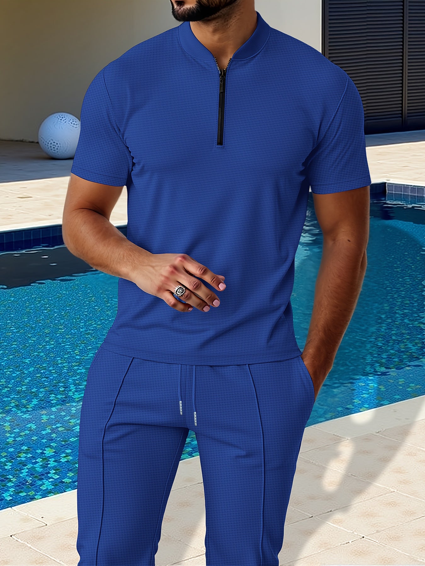 Men's Waffle Knit Zipper Shirt, Rib Collar Short Sleeve T-Shirt, Casual Breathable Summer Top - ayq