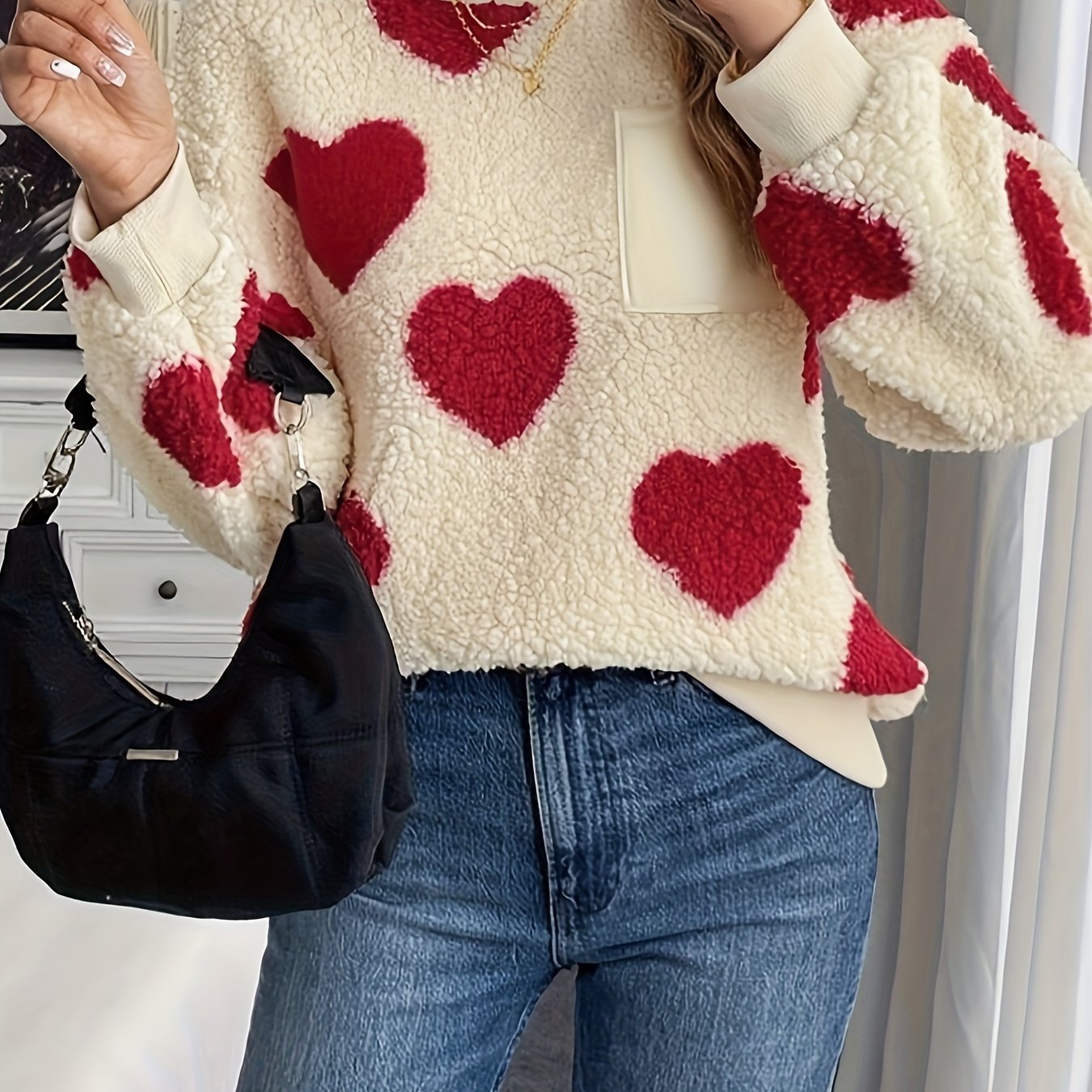 Women'S Plush Heart Sweater - Soft & Heart Pattern Sweater with Heart Cutouts, Cozy Winter Sweater for Fall & Winter