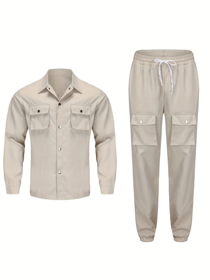 Men'S Casual Polyester Suit Set, Solid Color, Non-Stretch, Regular Fit, with Lapel Collar, Pocket Details, for Hiking, Daily Wear, and Special Occasions, Spring/Fall, Fall/Winter