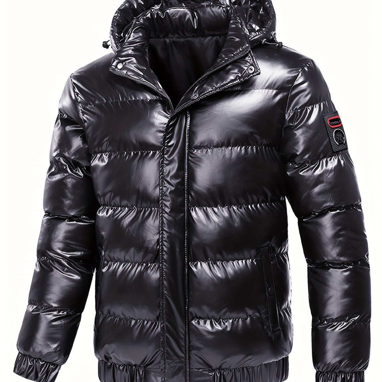 Men's Black Glossy Finish Jacket with Hood - Winter Coat, Zippered Pockets, Ribbed Cuffs & Waistband, Hand Wash Only, Regular Fit for Autumn & Cold Weather