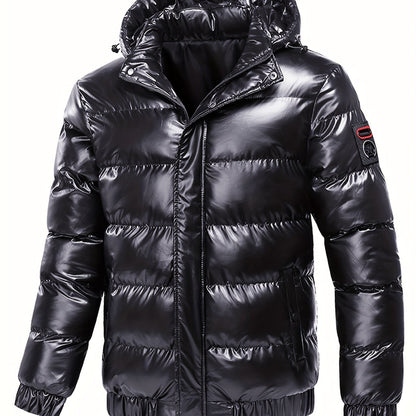 Men's Black Glossy Finish Jacket with Hood - Winter Coat, Zippered Pockets, Ribbed Cuffs & Waistband, Hand Wash Only, Regular Fit for Autumn & Cold Weather