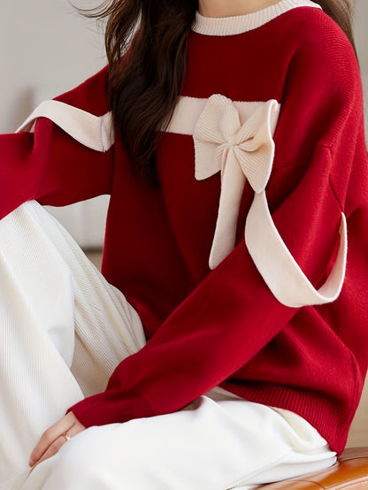 Կանացի էլեգանտ կարմիր սվիտեր մեծ ժապավենով - հարմարավետ կլոր վզնոցով, երկար թևքերով, երիզներով հյուսվածքով, իդեալական է աշուն/ձմեռվա համար, բազմակողմանի նորաձև վերնաշապիկ, ձմեռային նորաձև վերնաշապիկ | Էլեգանտ տրիկոտաժ | երիզներով հյուսվածքով սվիտեր