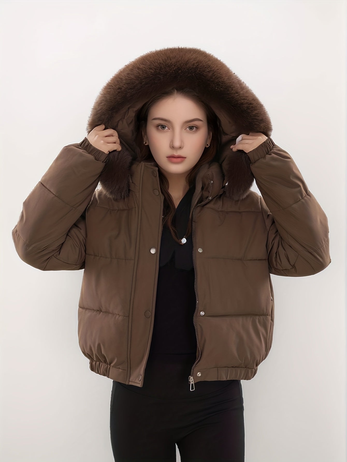Women'S Winter Coat with Removable Faux Fur Hood - Thickened Loose Fit Long Sleeve Jacket, Zippered Pockets & Button Front, Casual Solid Color Outerwear for Cold Weather, Cozy Warmth, Buttoned Closure, Durable Fabric