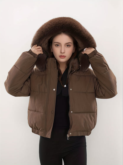 Women'S Winter Coat with Removable Faux Fur Hood - Thickened Loose Fit Long Sleeve Jacket, Zippered Pockets & Button Front, Casual Solid Color Outerwear for Cold Weather, Cozy Warmth, Buttoned Closure, Durable Fabric