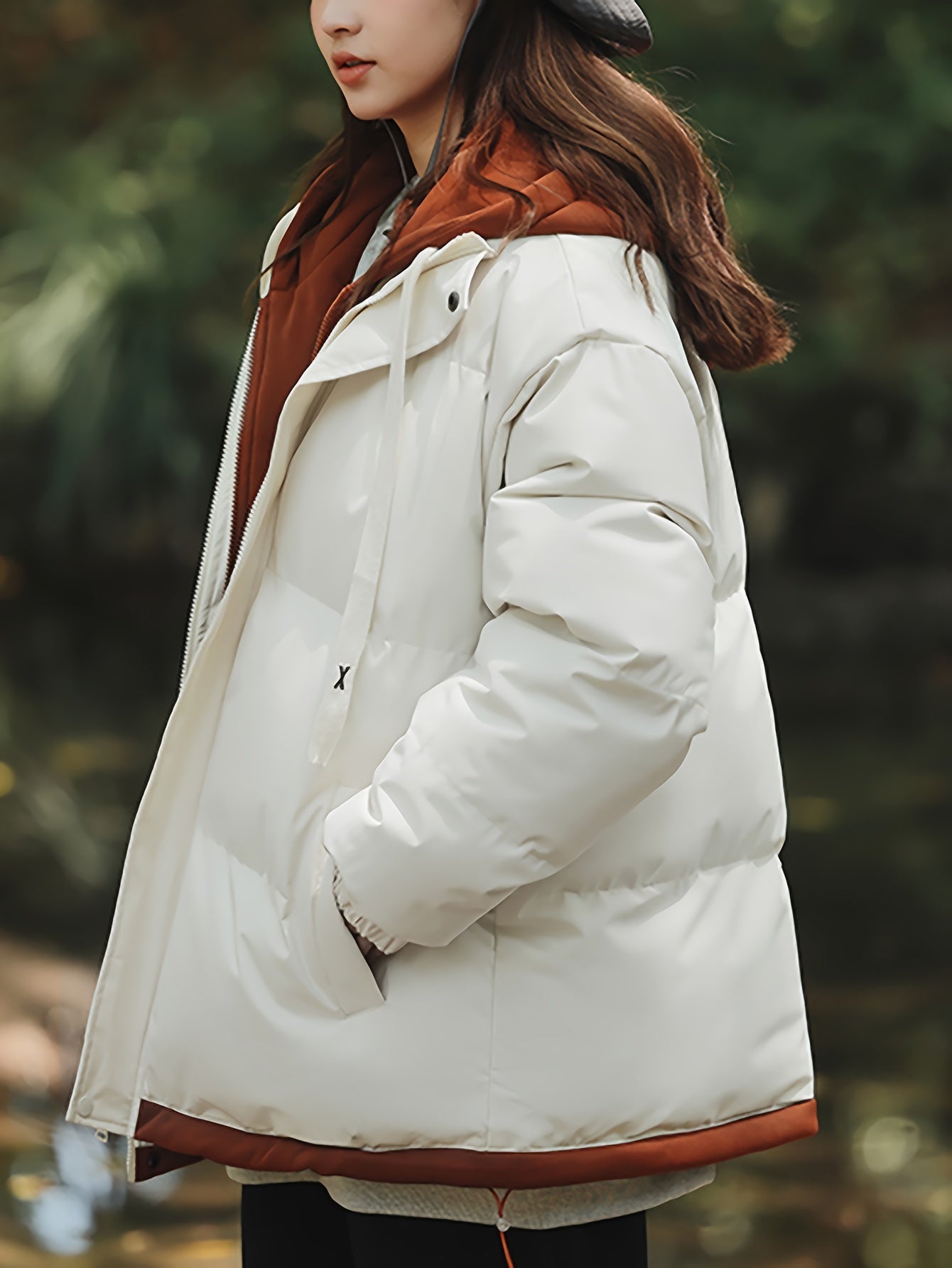 Կանացի բաց կապույտ, գլխարկով փքված բաճկոն - հարմարավետ, բրդյա ծածկույթով ձմեռային վերարկու՝ լարերով, առօրյա ոճ՝ ցուրտ եղանակի համար, ձմեռային վերարկու