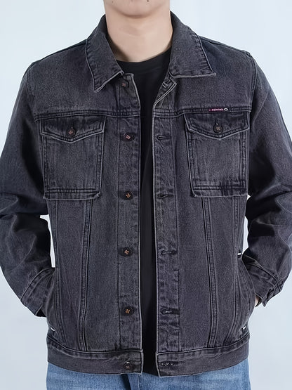 Men's Spring/Autumn Denim Jacket - Casual Chic Style, Black Blend with Red Accents, Button-Up with Flap Pockets, Long Sleeves, Ideal for Hiking & Casual Attire, Outdoor Apparel|Classic Denim Style|Durable Fabric