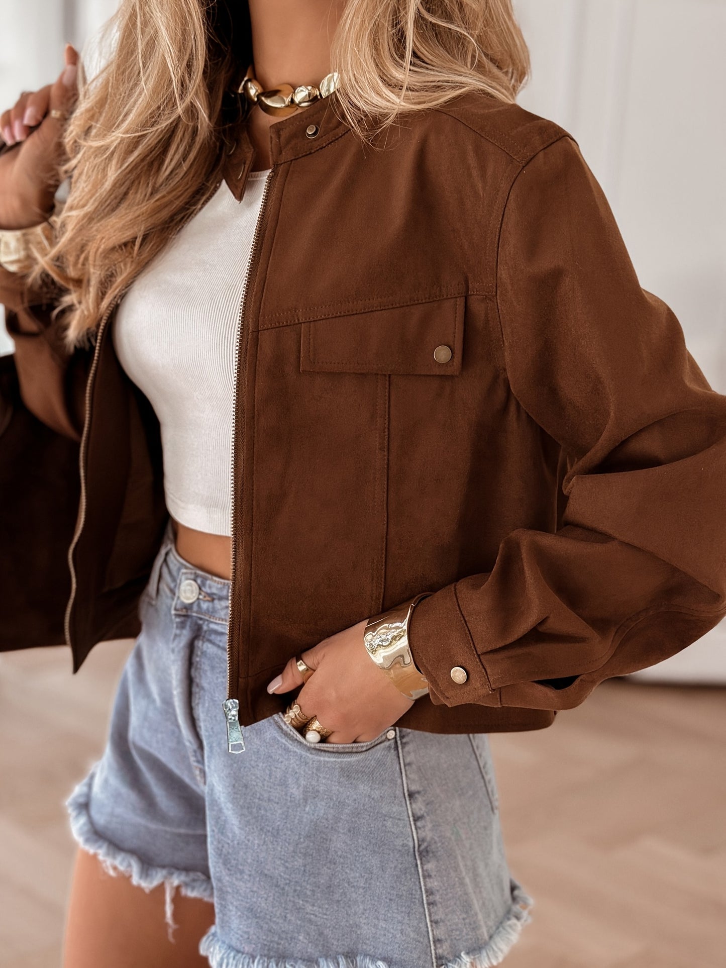 Women's Elegant Tan/Brown Faux-Sheepskin Jacket - Winter Warm Full-Zip Collar Coat, Golden-Tone Button-like Closure, Machine Washable Outerwear for Casual & Formal Events (A-Line Houndstooth-Like Scale Pattern)