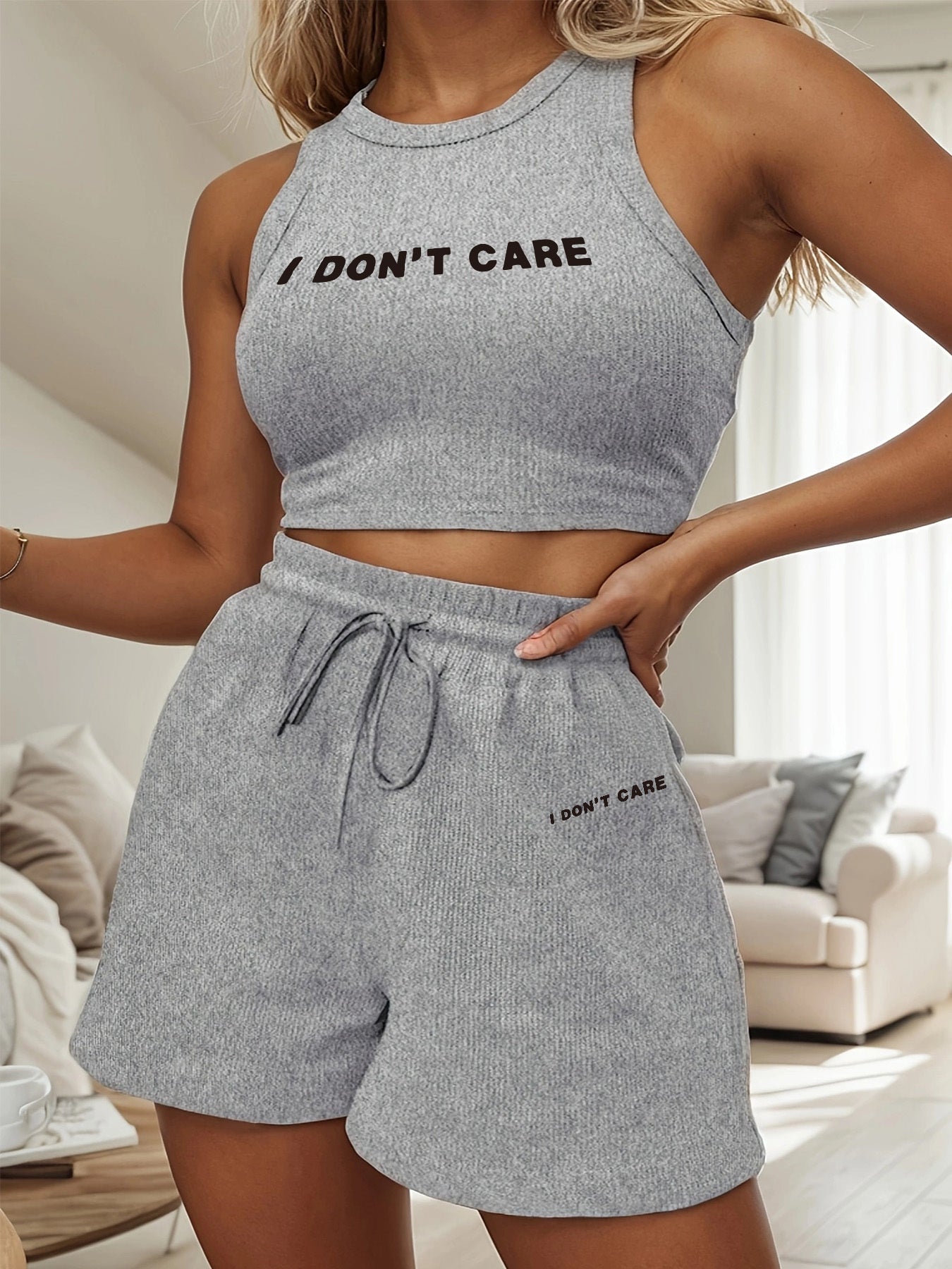 Women's Casual Vest and Shorts Set with Drawstring Pockets