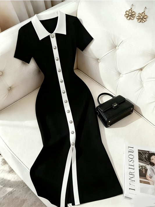 Elegant Black and White Polo Collar Long Dress for Women - ayq