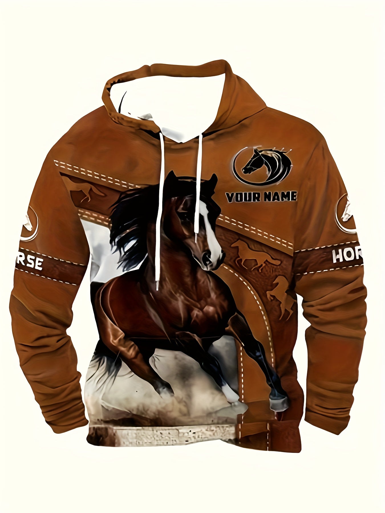Men's Western Horse Print Hooded Sweatshirt - 3D Horse & Cowboy Design, Brown/Beige Casual Pullover, Warm Winter Sweater for Equestrian Events & Casual Attire, Machine Washable, Ideal Gift for Horse Lovers
