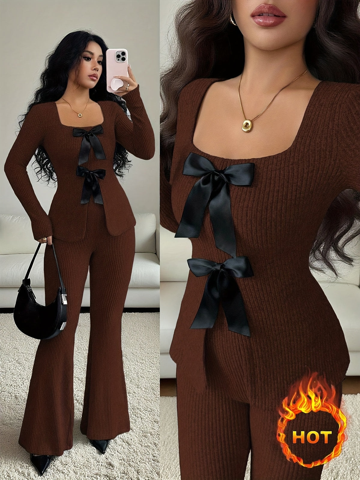 Elegant Women's Slim Fit Bow-Tie Top & Flared Pants Set - ayq