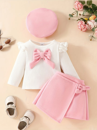 Honey Style Knitted Fabric Crew Neck Long Sleeve T-Shirt with Solid Color Flared Skirt and Beret Set for - Bow Detail Knee High Medium Stretch Fall/Winter Outfit