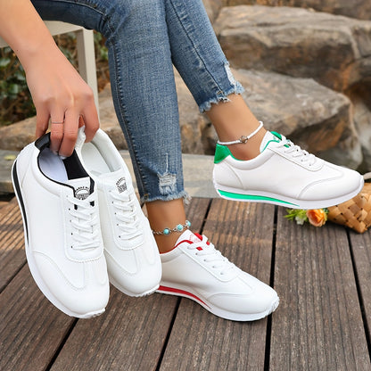 Women's Lightweight Casual Sneakers - White Synthetic Leather, All-Season Comfort, Stability Support, Breathable Fabric Lining, TPR Sole, Perfect for Casual Attire, Cute Shoes