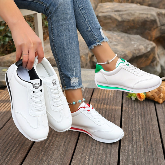 Women's Lightweight Casual Sneakers - White Synthetic Leather, All-Season Comfort, Stability Support, Breathable Fabric Lining, TPR Sole, Perfect for Casual Attire, Cute Shoes