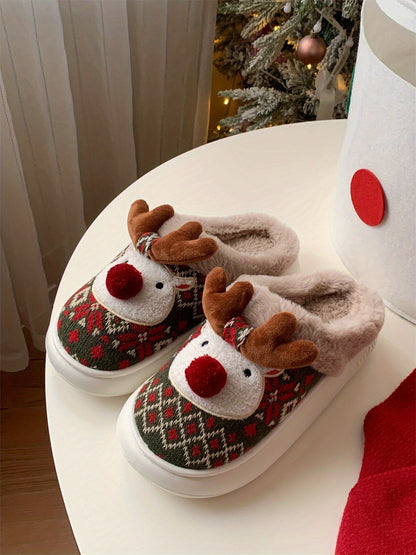 XIXITIAO Women's /Korean Style Winter Slippers - Deer & Reindeer Pattern Cozy Warm Booties, Soft Fabric & Sole for Indoor/Outdoor Use, Cute Animal Shoe for Christmas, Hand Washable