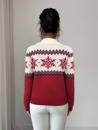 2025 Autumn/Winter New Holiday Snowflake Sweater for Women, Half-Zip High Neck, Zigzag Stripes, Comfortable Light Beige-Friendly Non-Irritating High-Quality Warm Fashion Holiday Top for Christmas, Black Friday, New Year