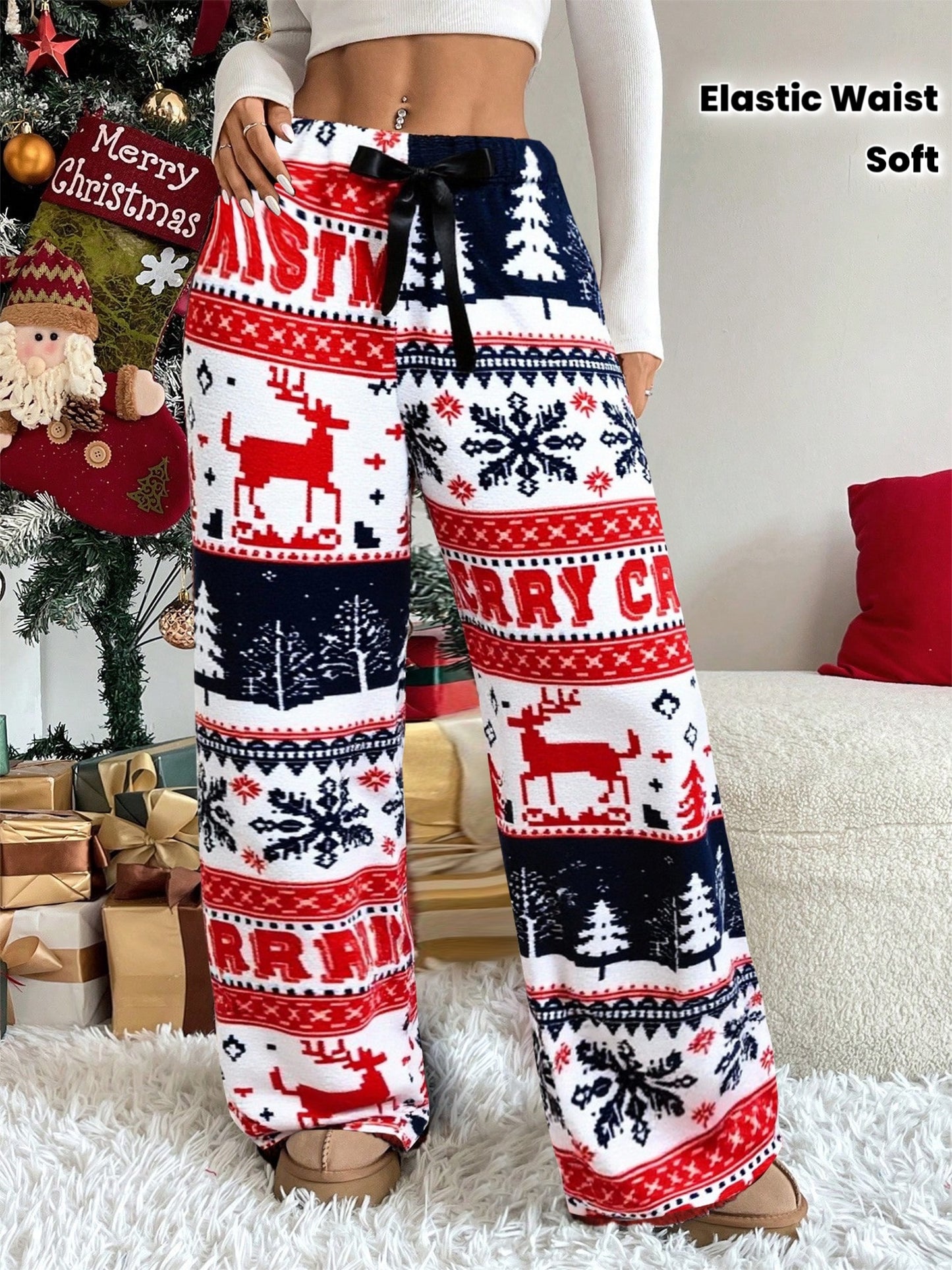 Women'S Winter Warmth Pants - Cozy Fleece-Lined Wide-Leg Trousers with Elastic Waist & Cuffed Hem, Red & Snowflake & Reindeer Print, Bohemian Style For Cold Weather, Winter Pants, Cold Weather Apparel, Soft Fabric Trousers, L