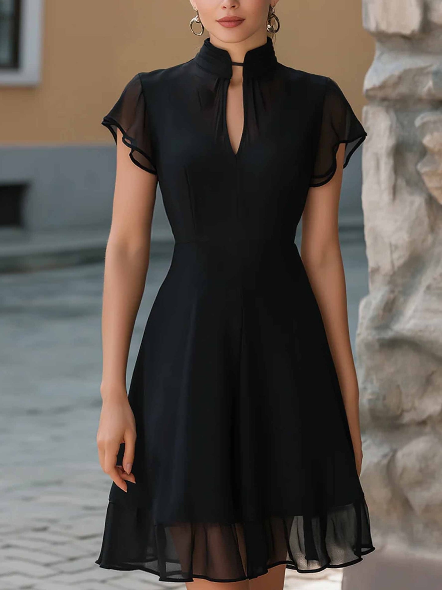Elegant Chiffon A-Line Dress with Mandarin Collar