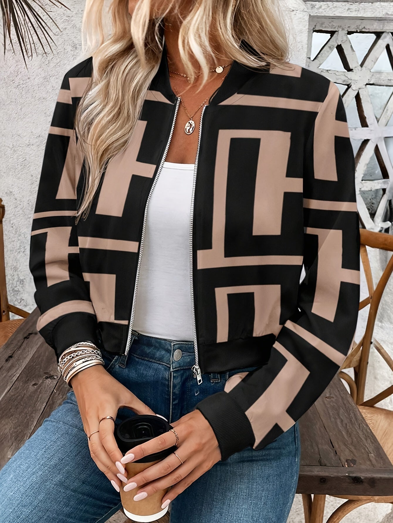 Women's Lightweight Geometric Print Zip-Up Bomber Jacket - Casual Long Sleeve, Machine Washable