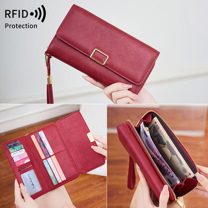 MIYIN Women's Vintage RFID Blocking Large Capacity Wallet with Wrist Strap - Tri-Fold  Handbag, Zipper Pocket & ID Slot, Multi-Card Holder (Credit/Debit) - Solid for Professional & Everyday Use