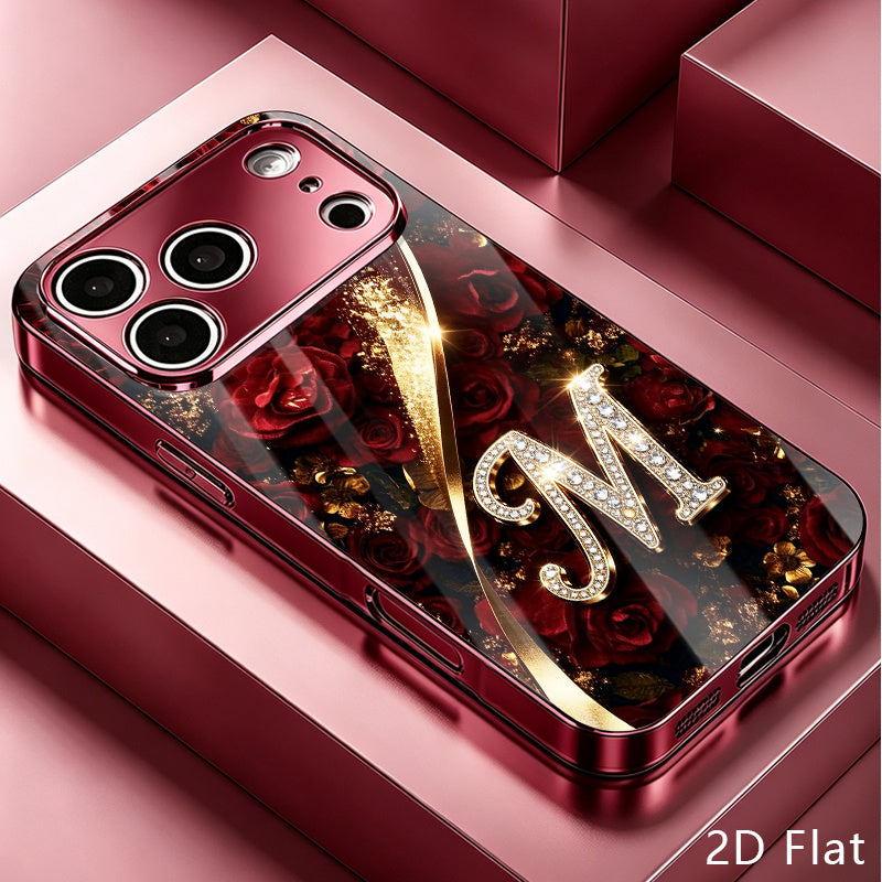 Luxury Rose Gold Rhinestone 'M' Glass Phone Case for iPhone