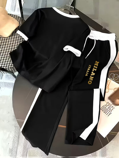 Women’s Casual Commuter 2-Piece Polyester T-Shirt & Wide-Leg Pants Set