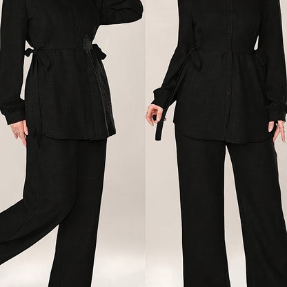 Women'S Solid Color Long Sleeve Knotted Waist Single-Breasted Shirt and Pants Elegant Commuter Set, Two-Piece Summer Autumn Women'S Outfit Office Business Casual Women'S Suit
