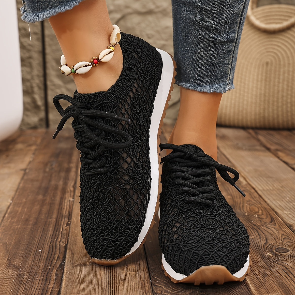 Women's Summer Solid Color Lace-Up Mesh Casual Shoes, Breathable Fabric with Rubber Sole, Net Fabric