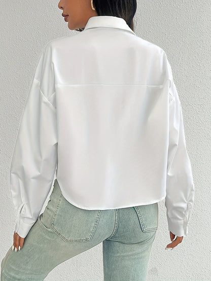 Elegant Women'S Solid Color Short Blouse with Front Pocket, 100% Polyester Woven Shirt, Versatile All-Season Top with Collared Neckline and Button-Up Closure