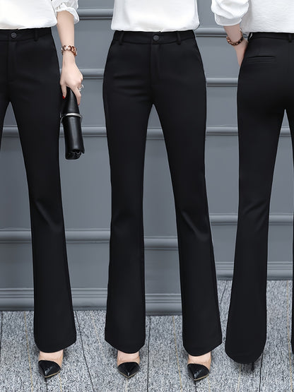Women's Elegant Black Tailored Pants - High Waist, Straight Leg, Nylon Blend, Perfect for Spring & Fall, Zip Closure, Casual to Semi-Formal Wear, Casual to Formal Wear|Highwaist Trousers|Smooth Texture
