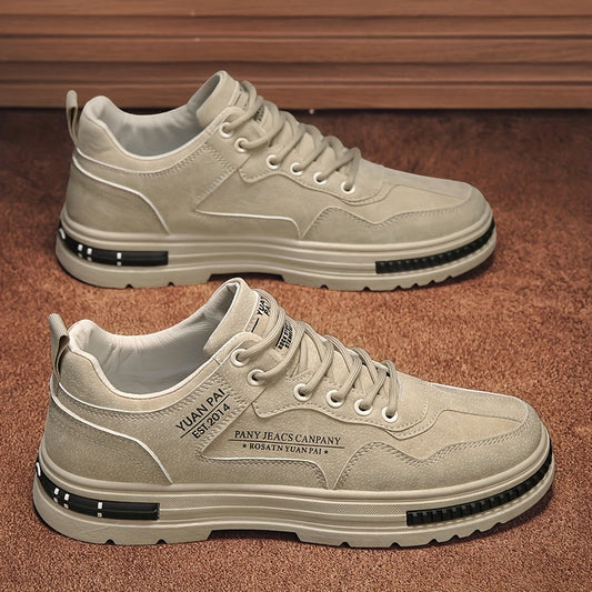 Men's Skate Shoes - Versatile Beige Casual Streetwear Sneakers, Durable Non-Slip PU Sole, Lace-Up Low-Top for Everyday & Outdoor Activities
