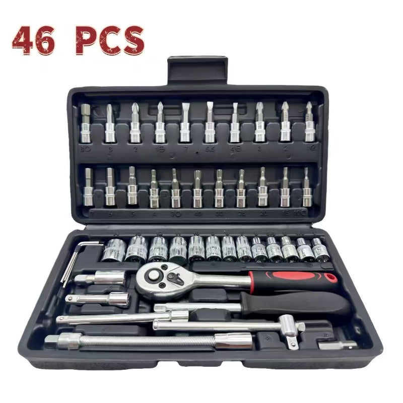 46pcs Heavy-duty Carbon Steel Auto Repair Tool Set | Includes Ratchet Wrenches, Sockets, Shockproof Toolbox, and Additions - Ideal for Projects and Auto Maintenance