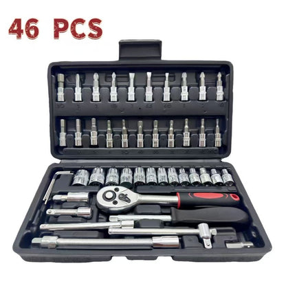 46pcs Heavy-duty Carbon Steel Auto Repair Tool Set | Includes Ratchet Wrenches, Sockets, Shockproof Toolbox, and Additions - Ideal for Projects and Auto Maintenance