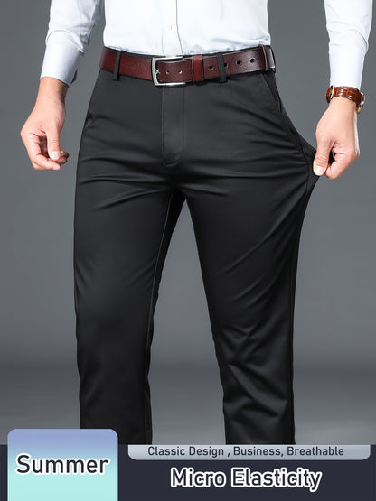 Men's Solid Pants With Pockets, Light Business Style Regular Fit Trousers For Outdoor Activities, Daily Wear For Spring And Autumn
