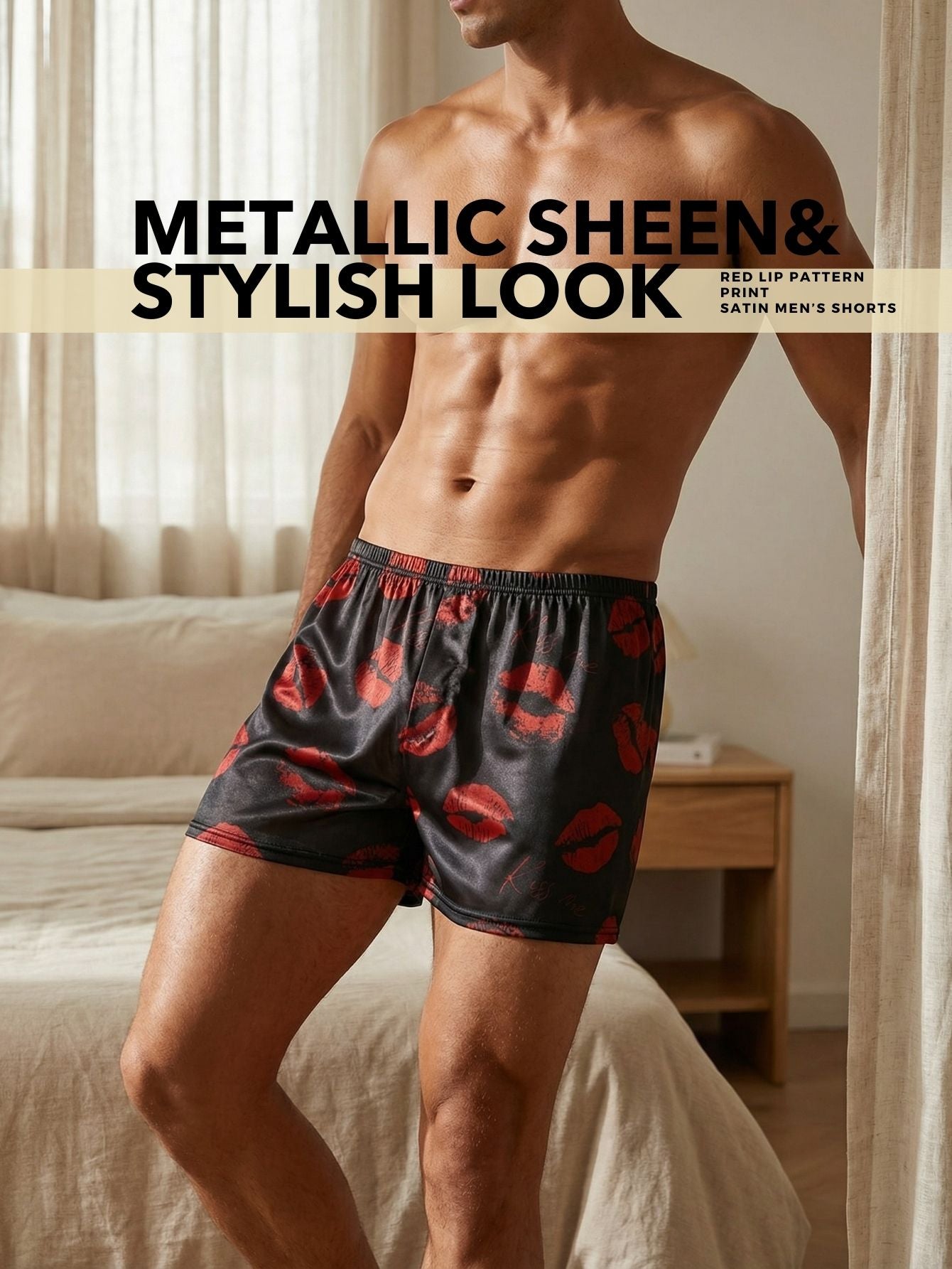 Men's Lightweight Polyester Summer Shorts with Red Lip Print