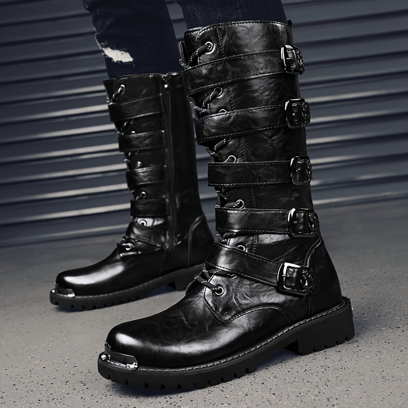Men's Stylish PU Leather Boots with Zipper and Buckle