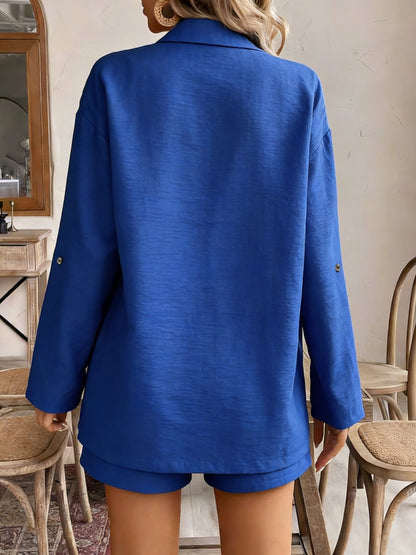 Women's Casual Loose Fit Shirt & Shorts Set, Polyester