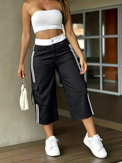 Women's Casual High-Waist Side Seam Ribbon Capri Shorts